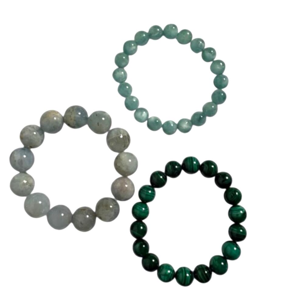 3pc Gemstone Beaded Stretch Bracelet Set Green Gray Teal Boho